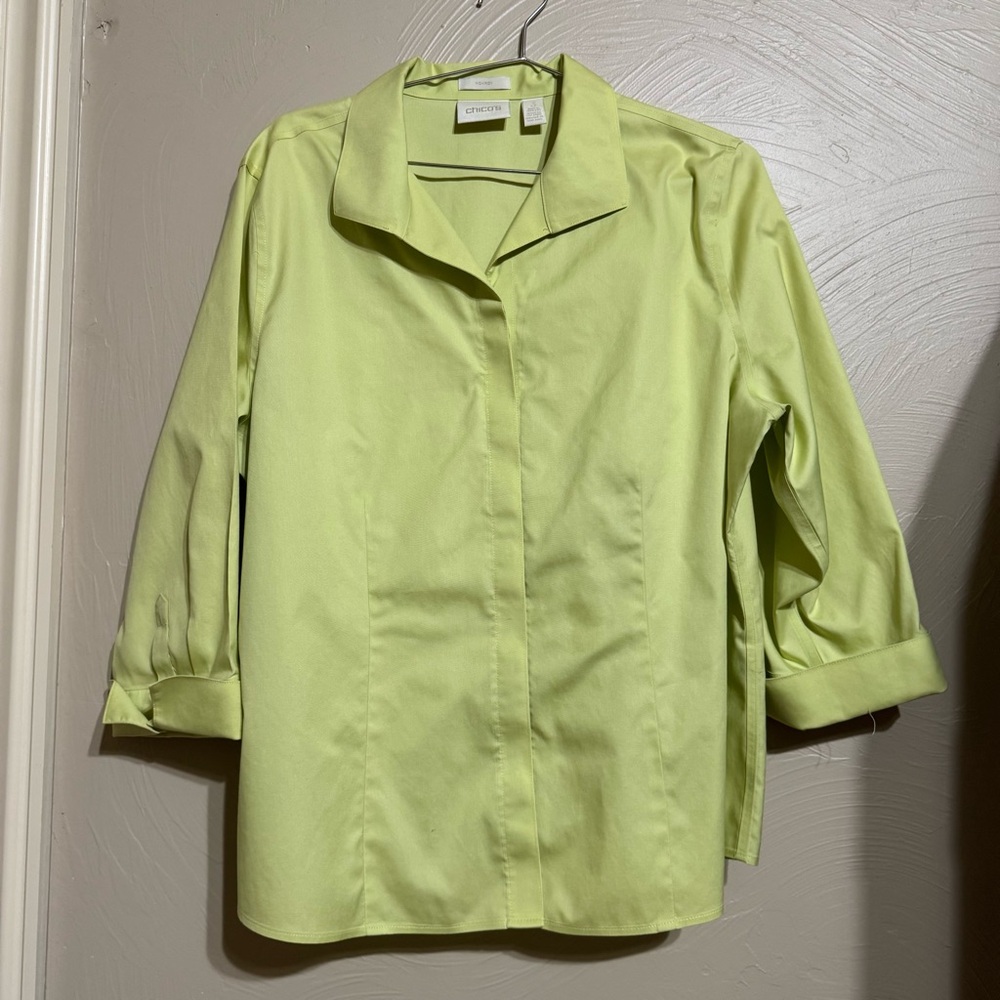 Chico’s Chartreuse Green Top with Button Front and 3/4 Length Sleeves